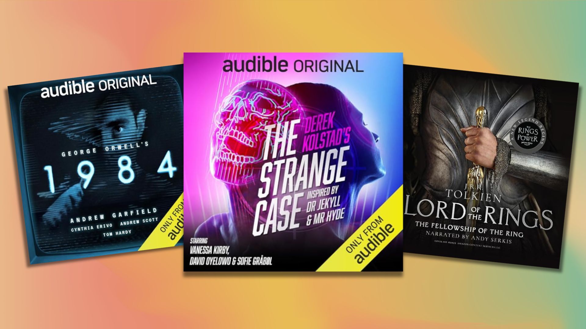 three audible covers for 1984, The Strange Case, and The Lord of the Rings layered on a orange background