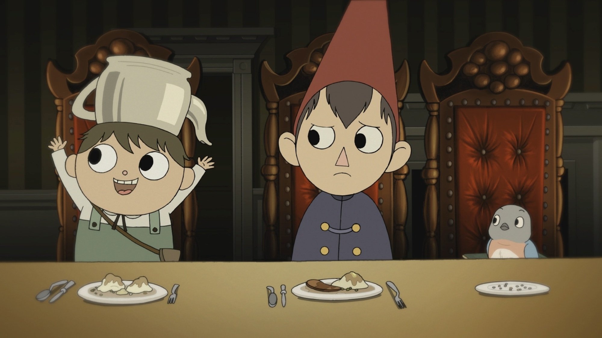 A young boy in green overalls with a teakettle on his head, a teenage boy in a blue cloak and conical blue hat, and a bluebird eat dinner at a fancy table.