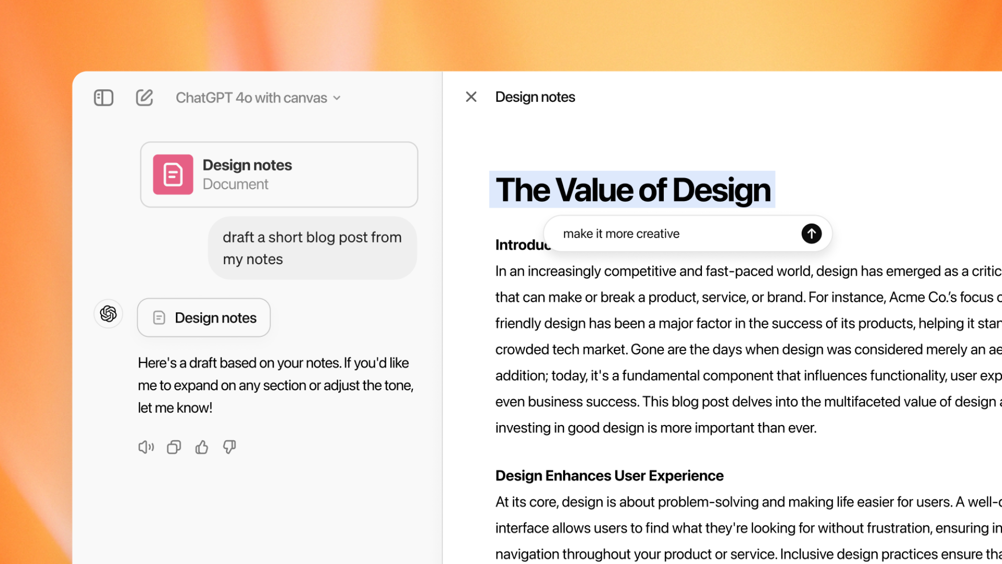 Openai new canvas interface showing a blog post in progress about the value of design