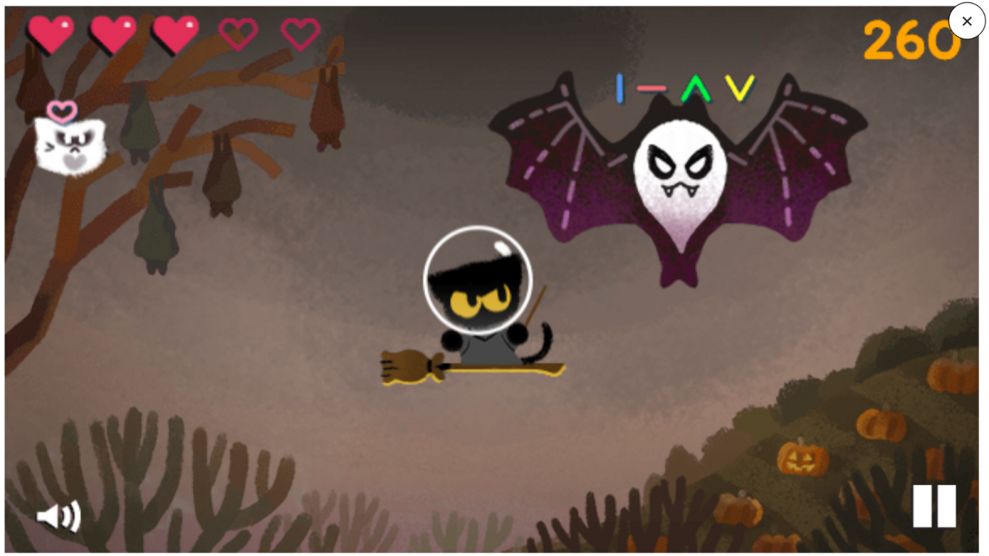 A screenshot of the 2024 Halloween Google Doodle showing a black cat on a broomstick, fighting off a ghost.