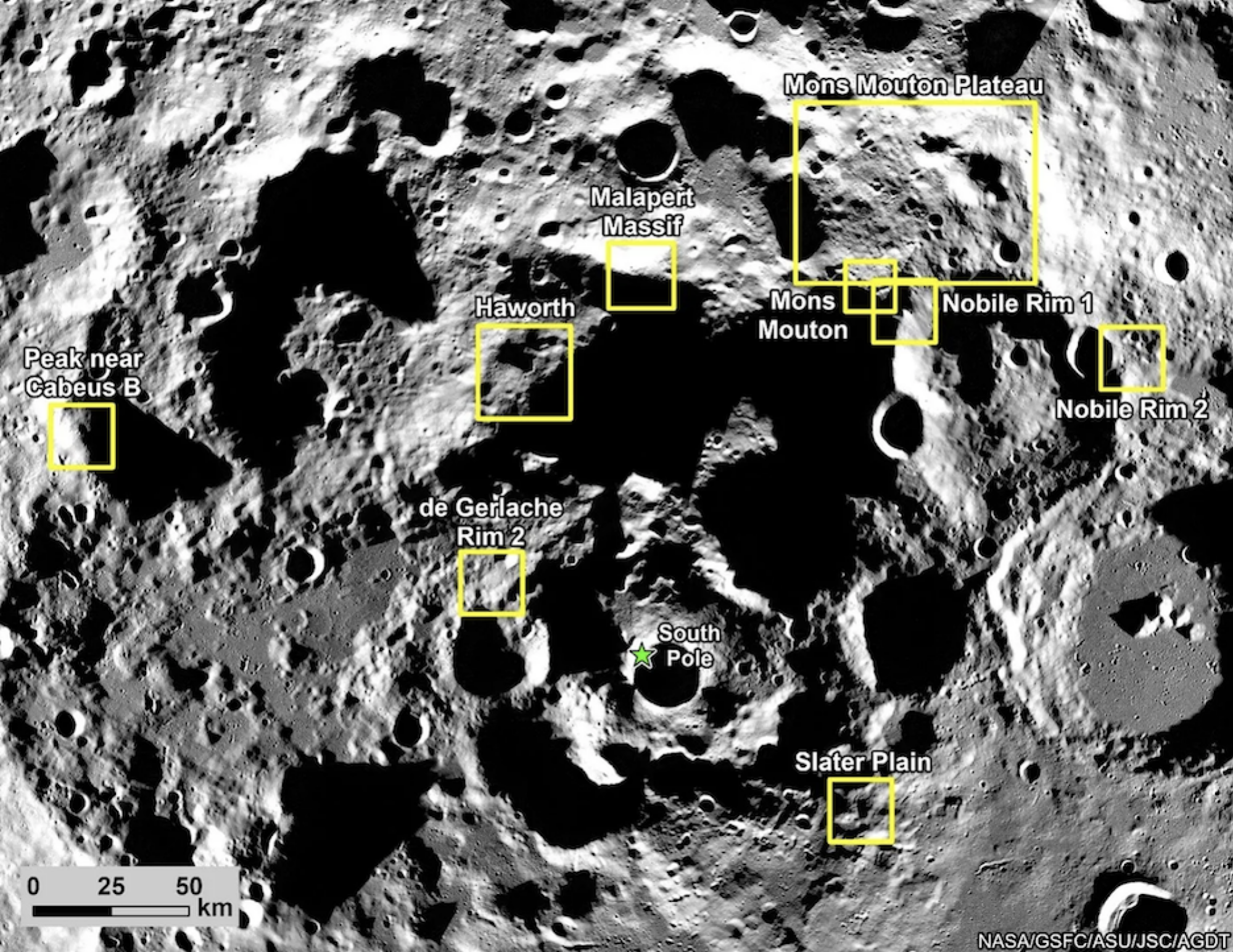 The nine candidate landing regions for NASA's Artemis III mission, all located in the lunar South Pole.