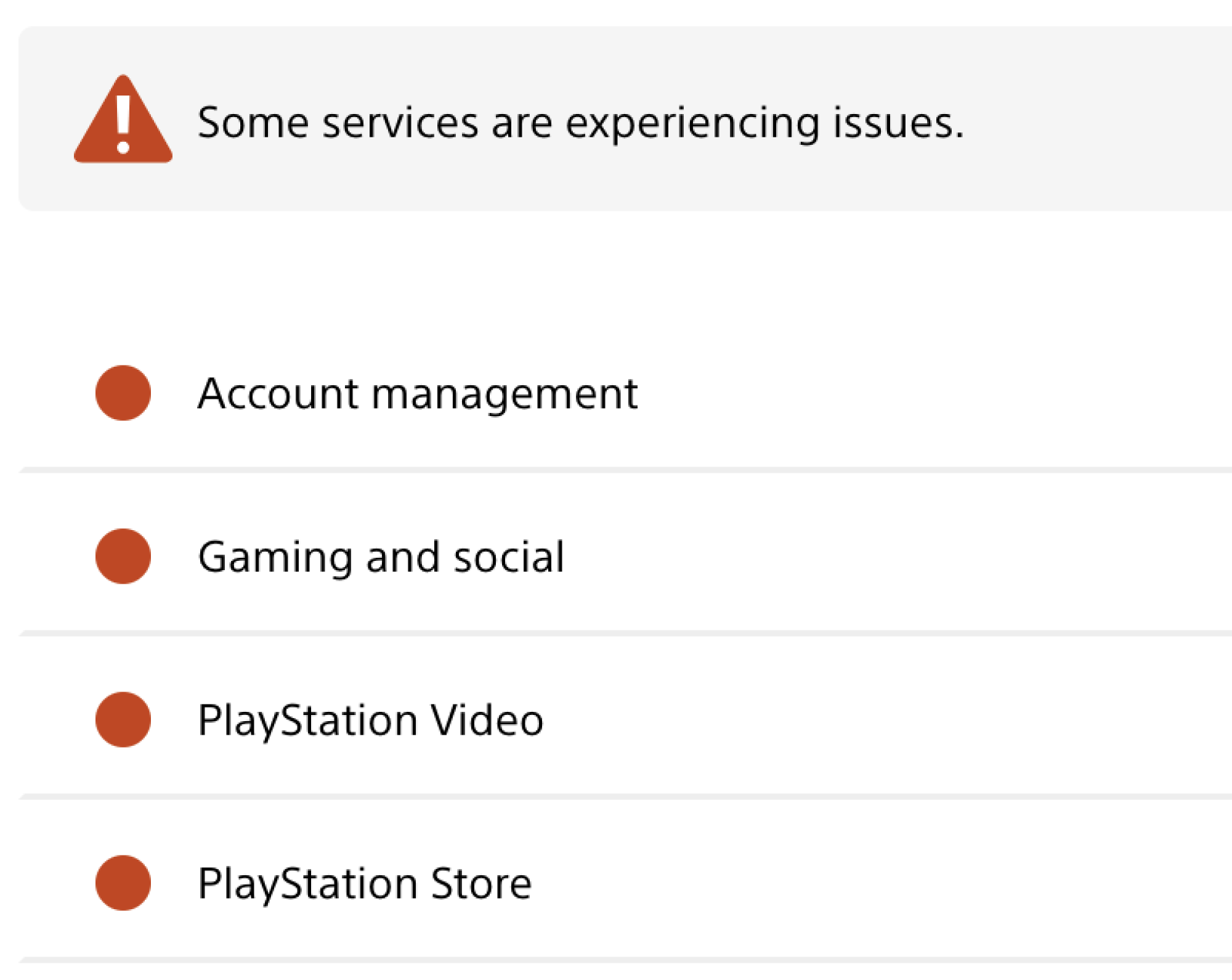 A screenshot of the PlayStation Network Service Status page showing that its services are experiencing issues. Such services include account management, gaming and social, PlayStation Video, and PlayStation Store.