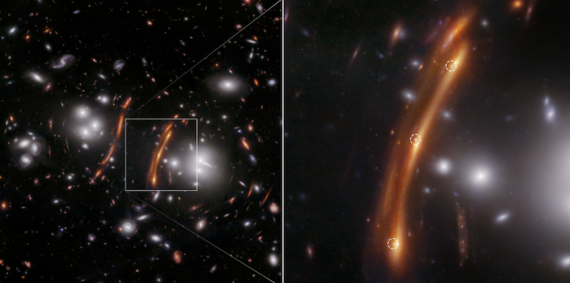 The blown-up box shows the supervova "H0pe," which from our vantage point appears three times, due to the effect of gravitational lensing.