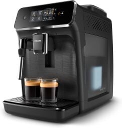 a philips espresso machine with two shots of espresso sitting on the lower tray