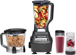 a ninja blender with food processor attachment and single-serve blender cups