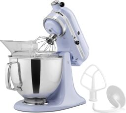 purple kitchenaid mixer tilited to show different mixing attachments