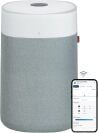 a blue air blue pure 211i max air purifier with smartphone displaying the associated app