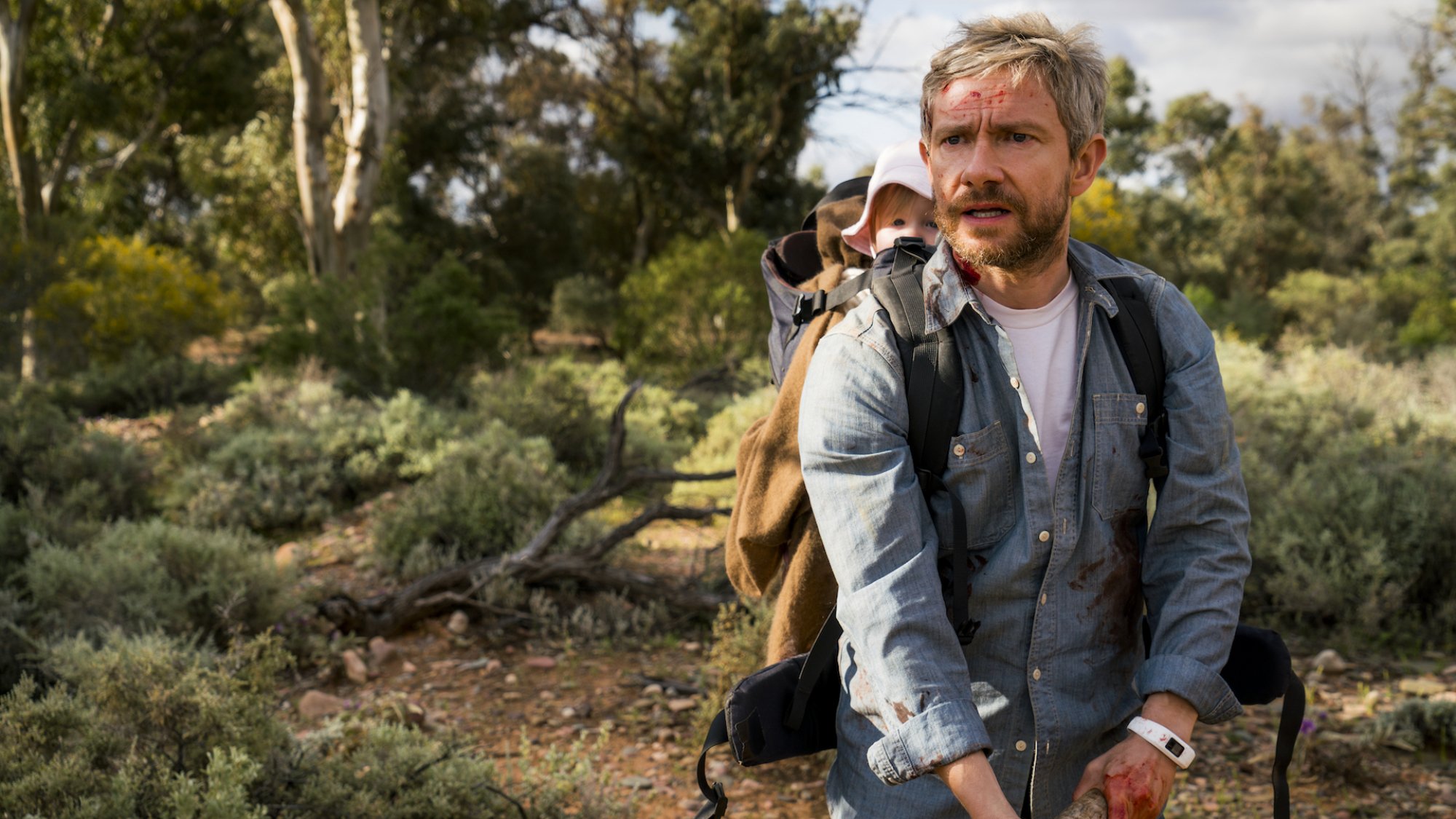 Martin Freeman has a baby in a carrier on his back in the Australian bush in the film "Cargo".