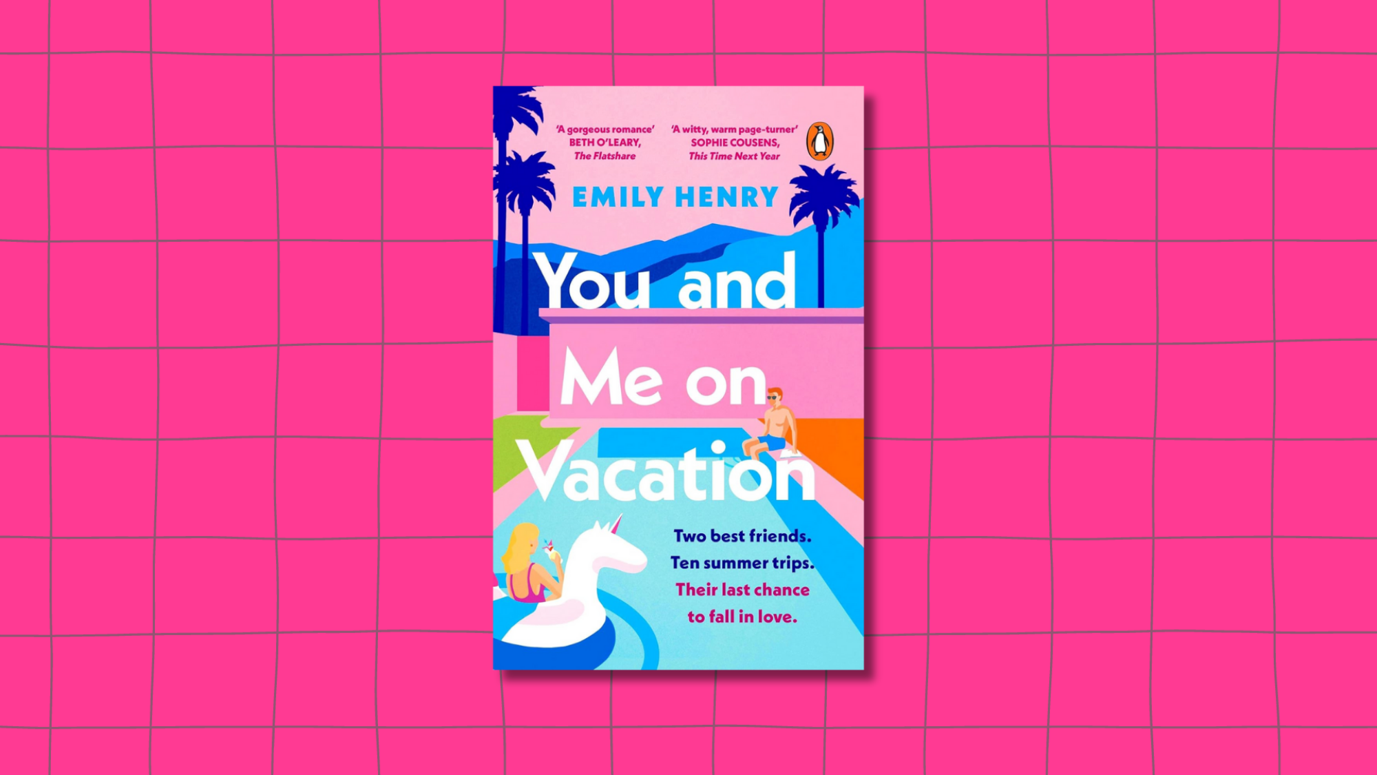 The cover of "You and Me on Vacation" showing a brightly coloured pool scene with one person perched on the side of the pool, another in an inflatable unicorn.