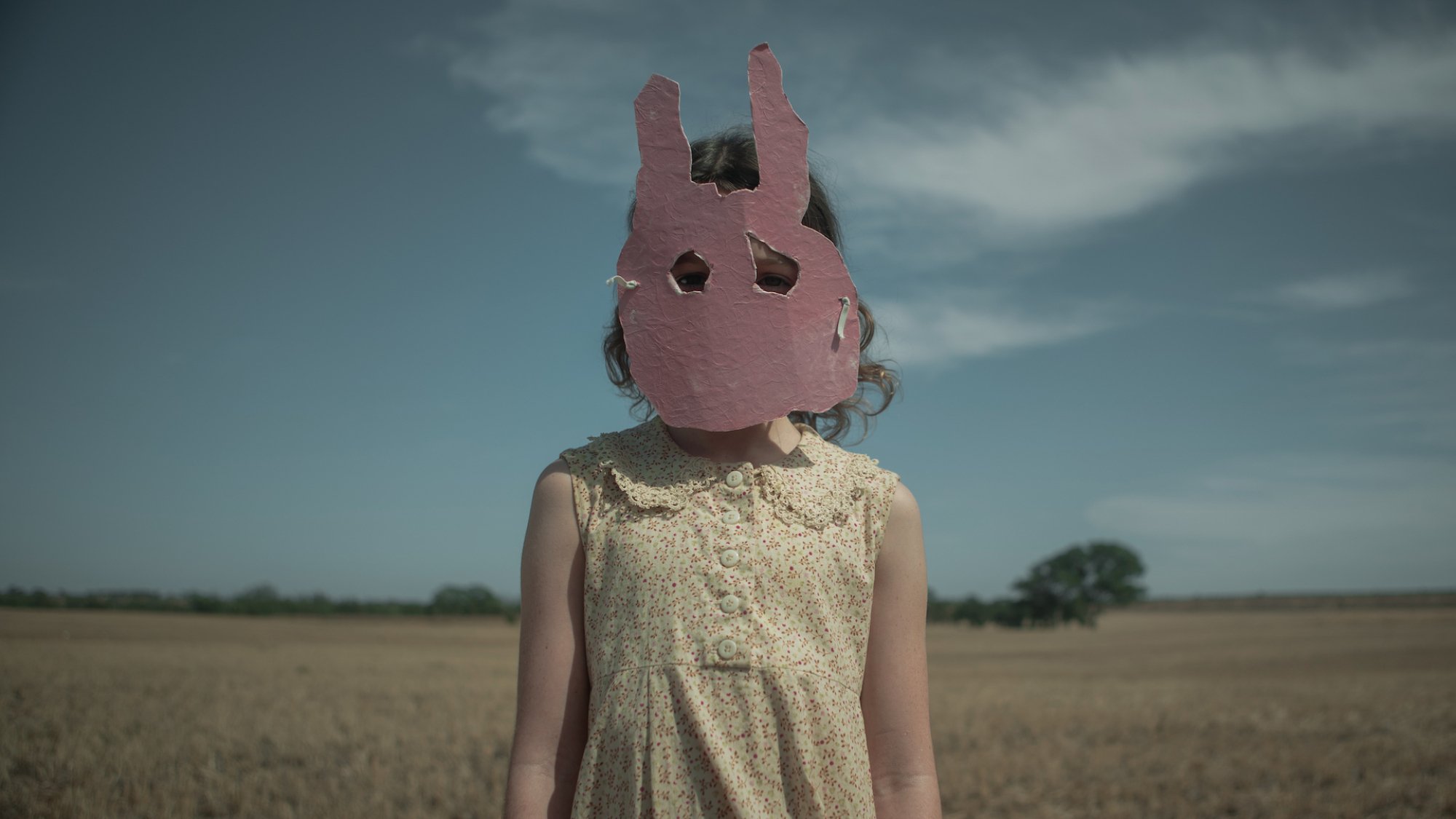 A child wears a pink cardboard rabbit mask in the film "Run Rabbit Run."