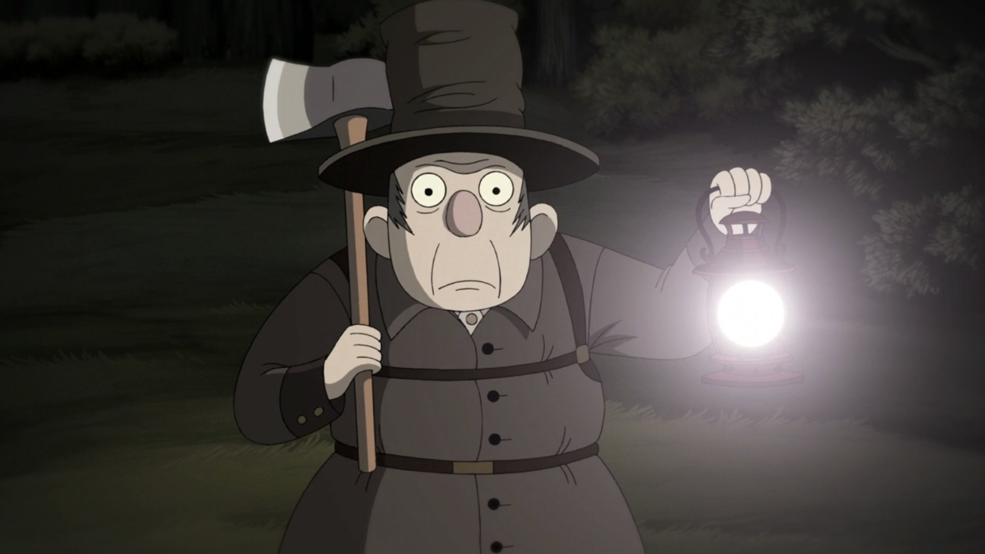 A woodsman carrying an axe and a lantern stands in a dark forest.