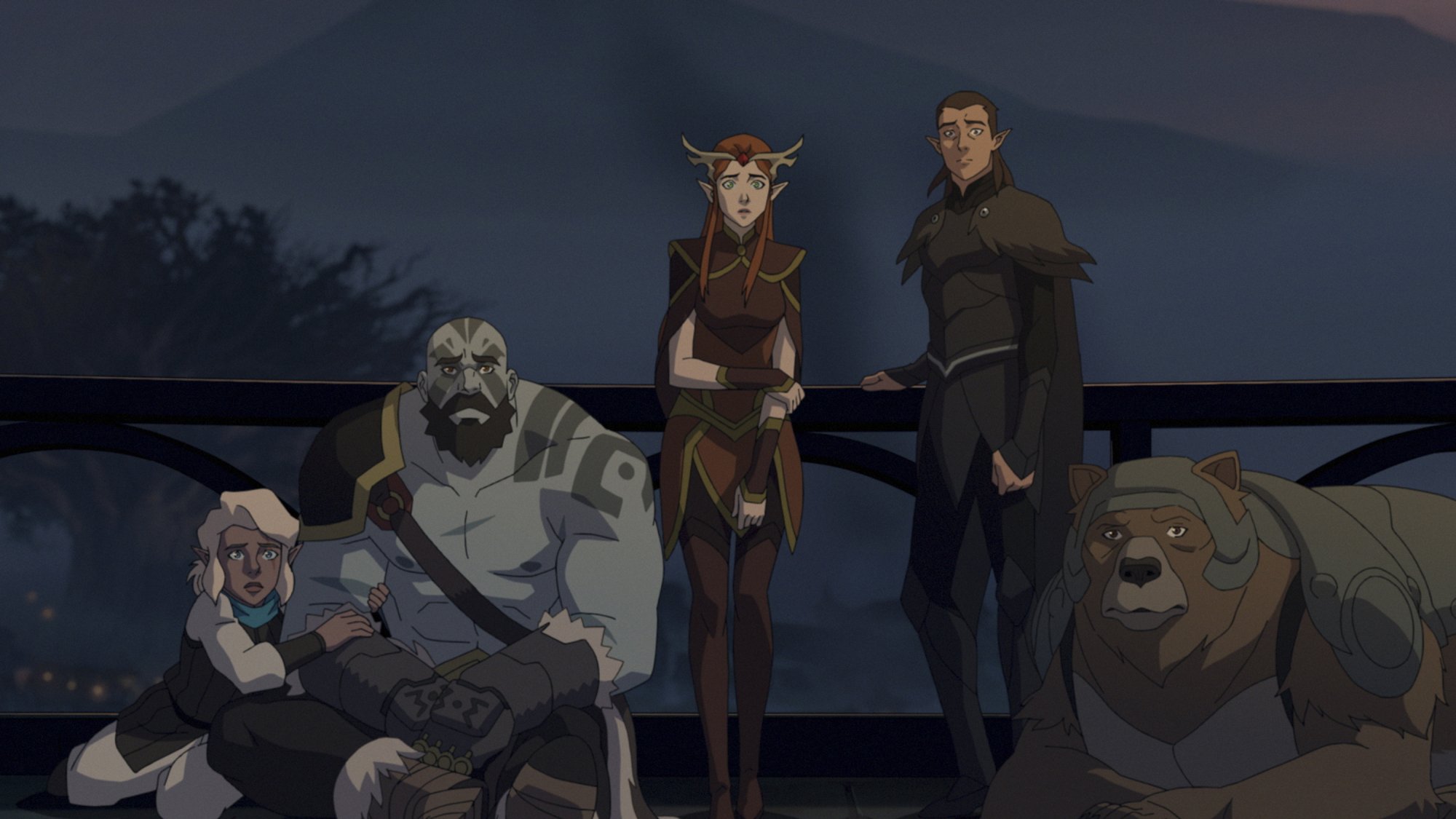 Concerned members of Vox Machina stand on a balcony.