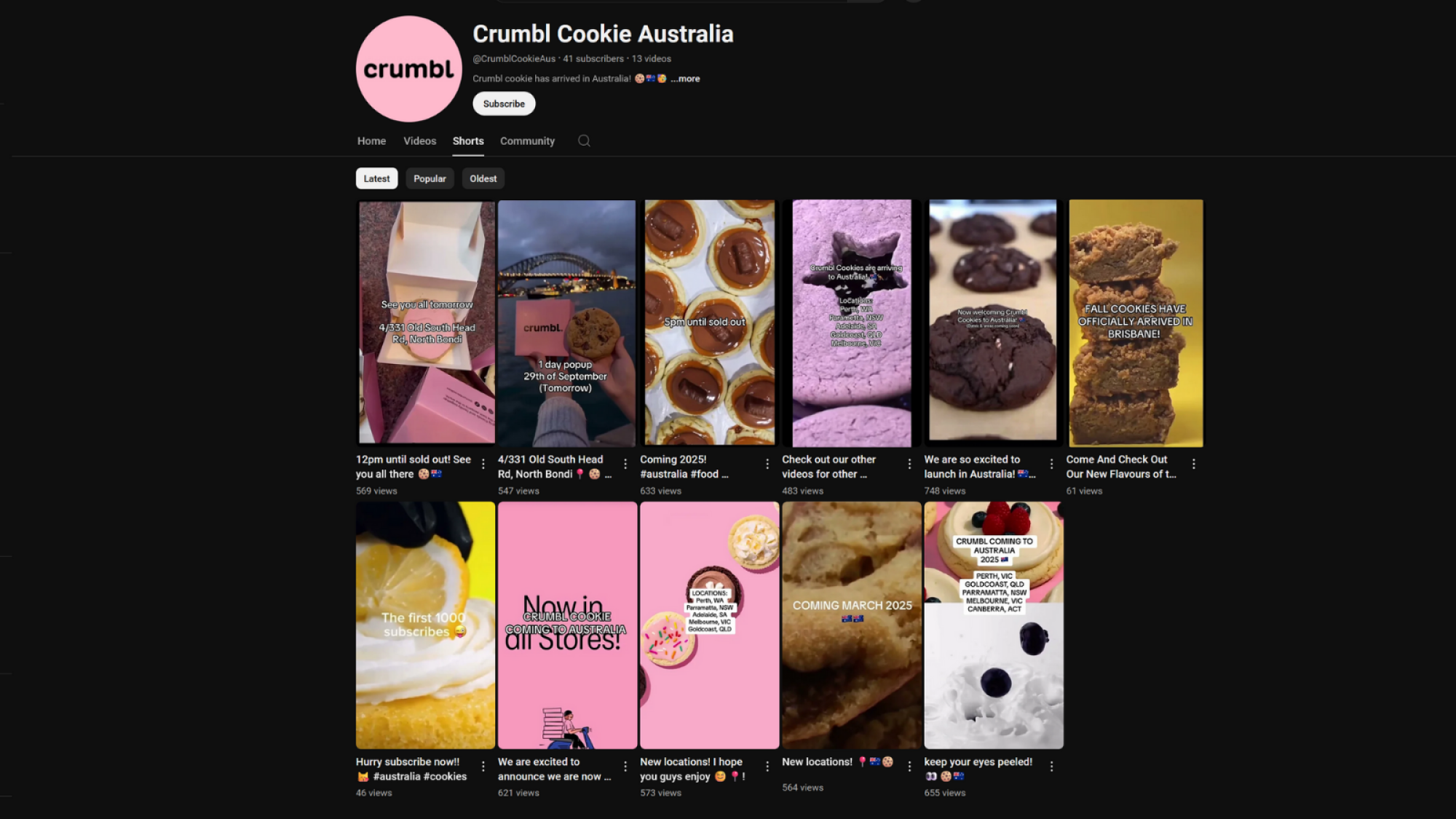 A screenshot of YouTube account @CrumblCookieAus, showing thumbnails of its Shorts.