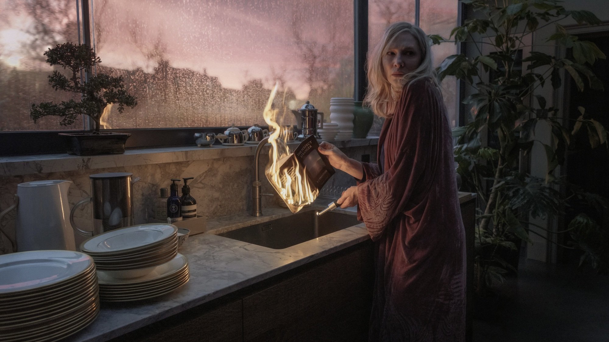 Cate Blanchett burns a book over a sink in "Disclaimer."