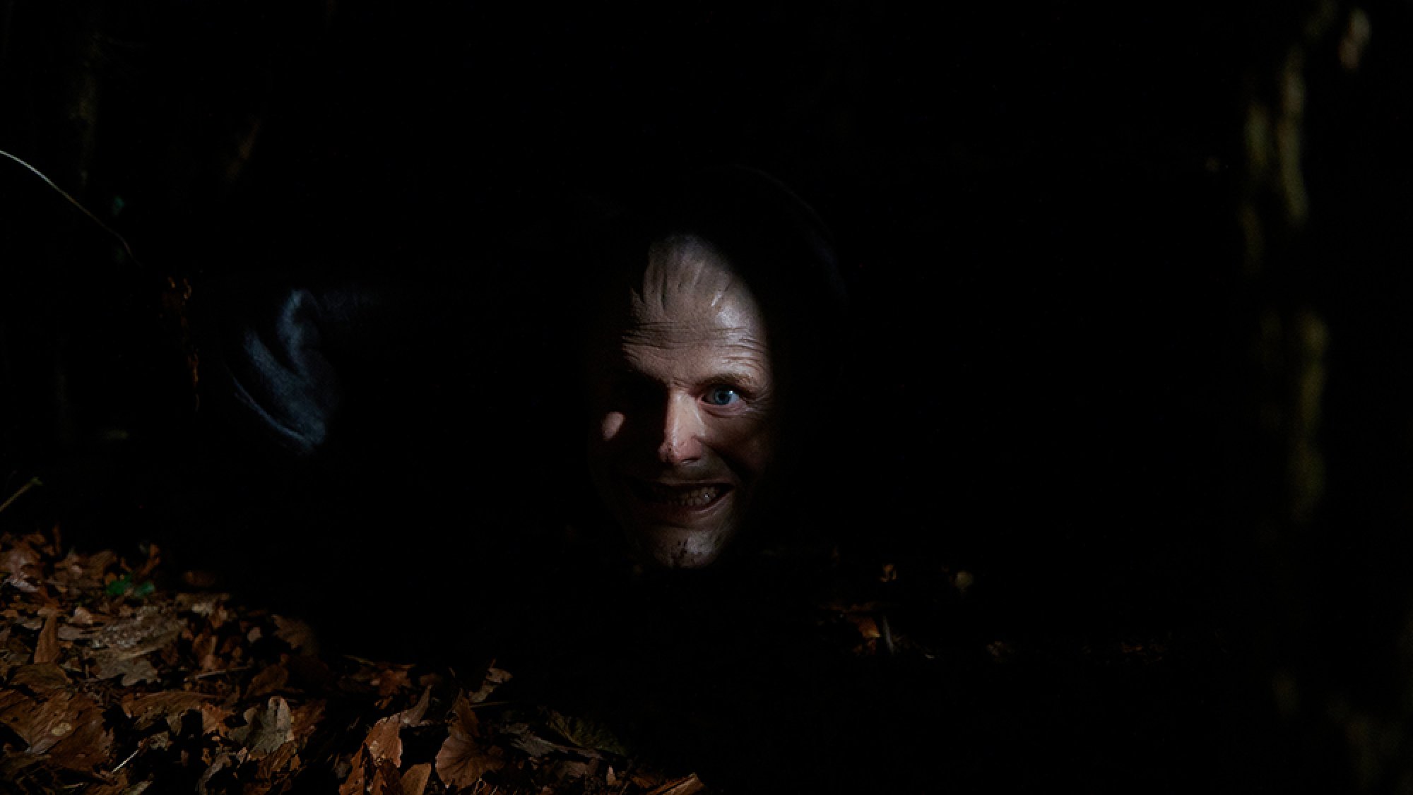 A disturbing image of a man's face looms through the darkness.