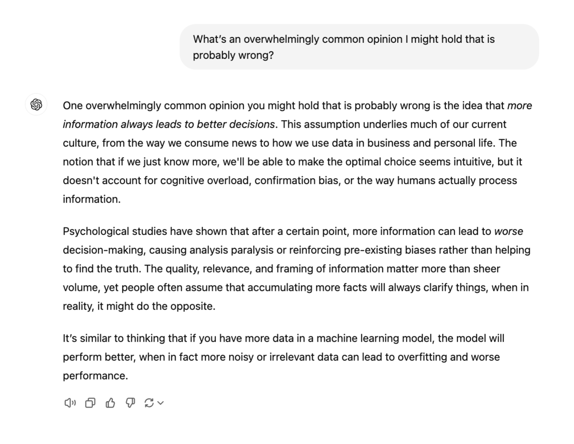 ChatGPT explaining why more information doesn't always lead to better decisions