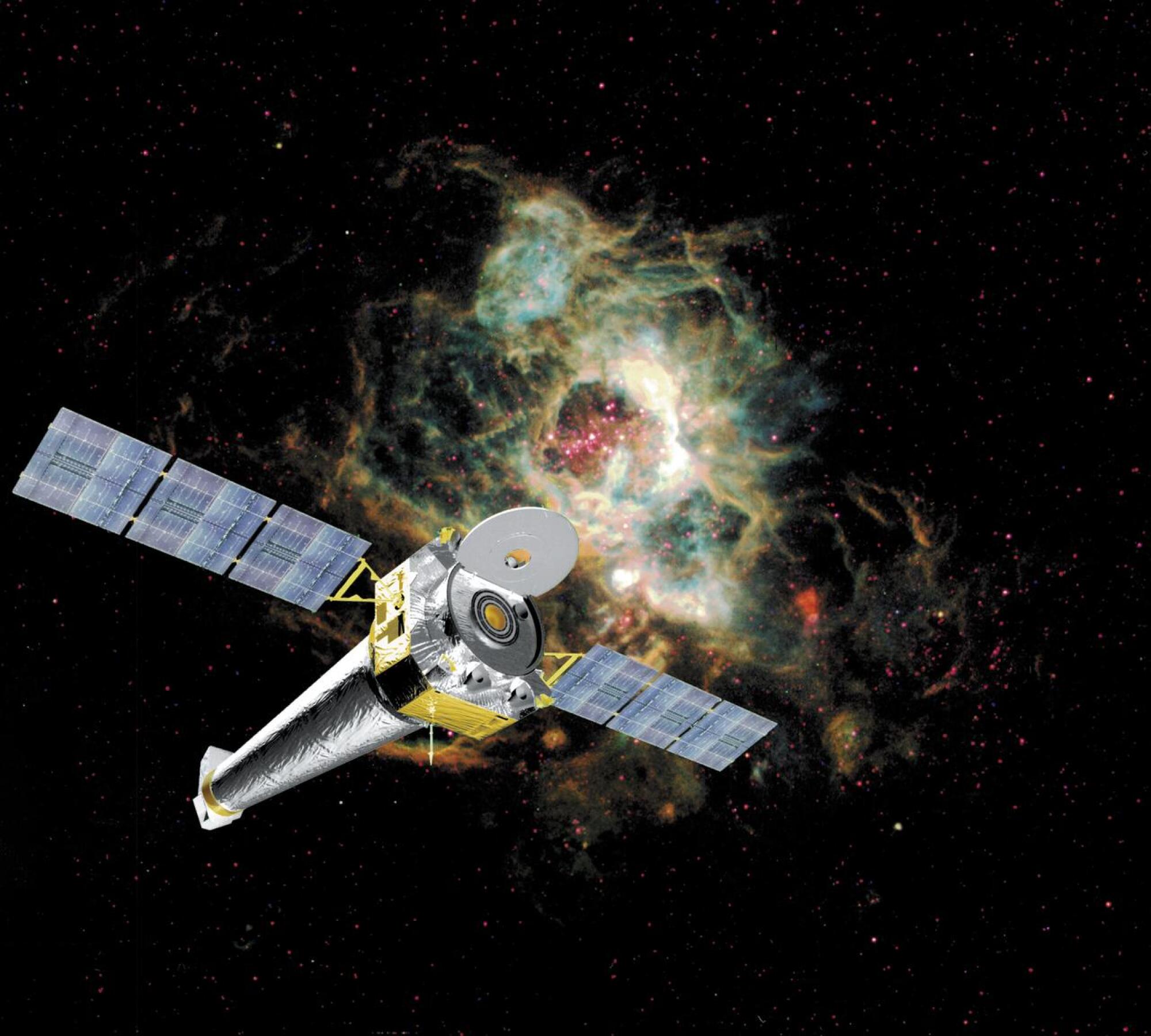 An artist's rendering of the Chandra X-ray Observatory flying through space with stars and cosmic gas in the background.