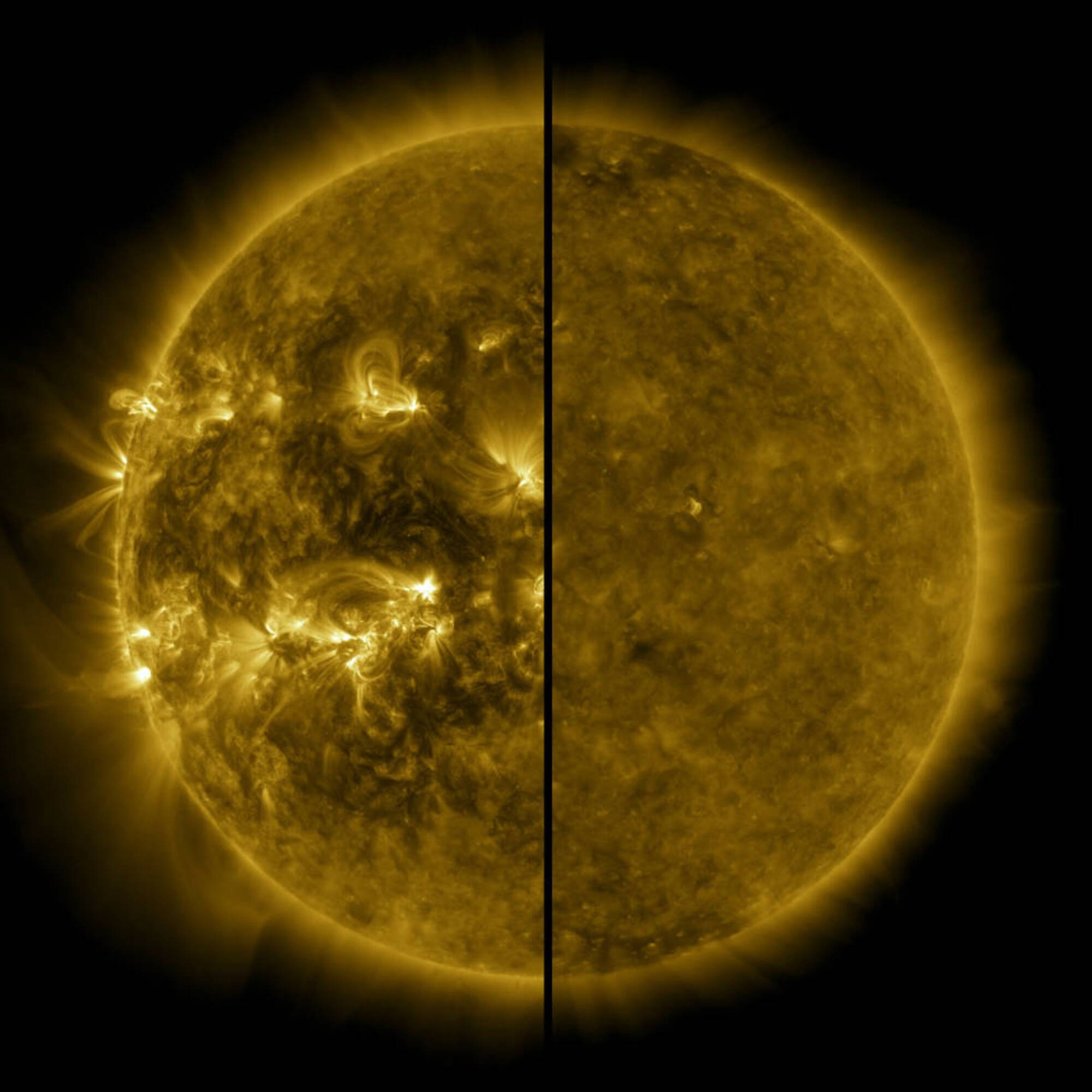 On left: the sun during solar maximum. On right: the sun during solar minimum.