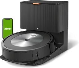 iRobot Roomba j7+ robot vacuum on self-empty dock and smartphone with green iRobot logo screen