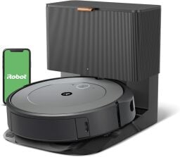 Roomba i3+ EVO robot vacuum cleaner with smartphone showing irobot app