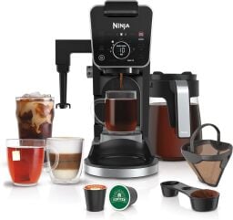 Ninja coffee maker with glass of iced coffee, pot of hot coffee, and accessories