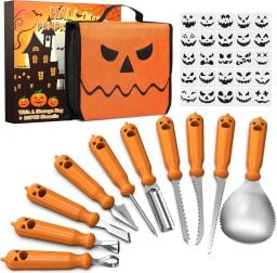 a pumpkin carving kit with 10 carving knives, 25 stencils, and an orange carrying case.