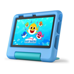 Amazon Fire 7 Kids tablet in blue showing Pinkfongs Baby Shark on a orange gradient background