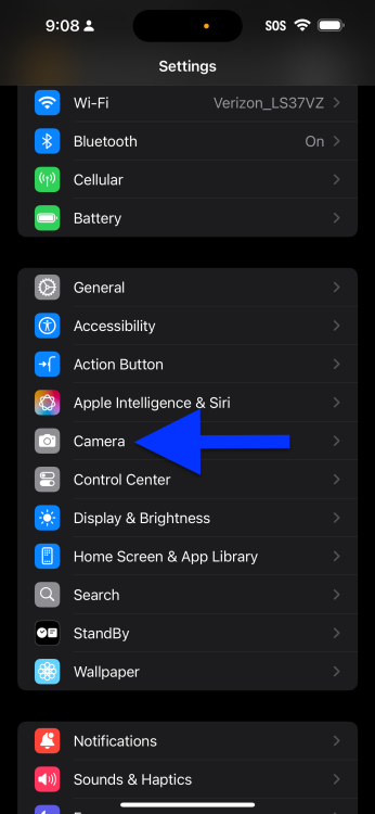 Blue arrow pointing at Camera option on iPhone