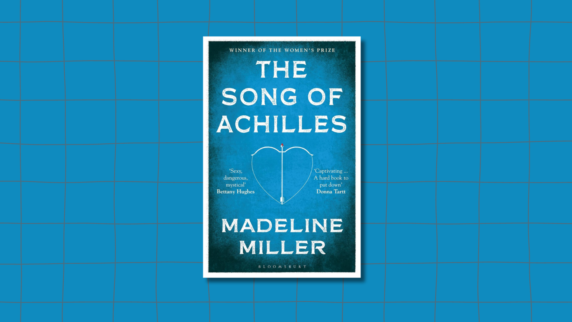 The cover of "The Song of Achilles" showing the title in white font on a blue background above a bow and arrow shaped like a heart.