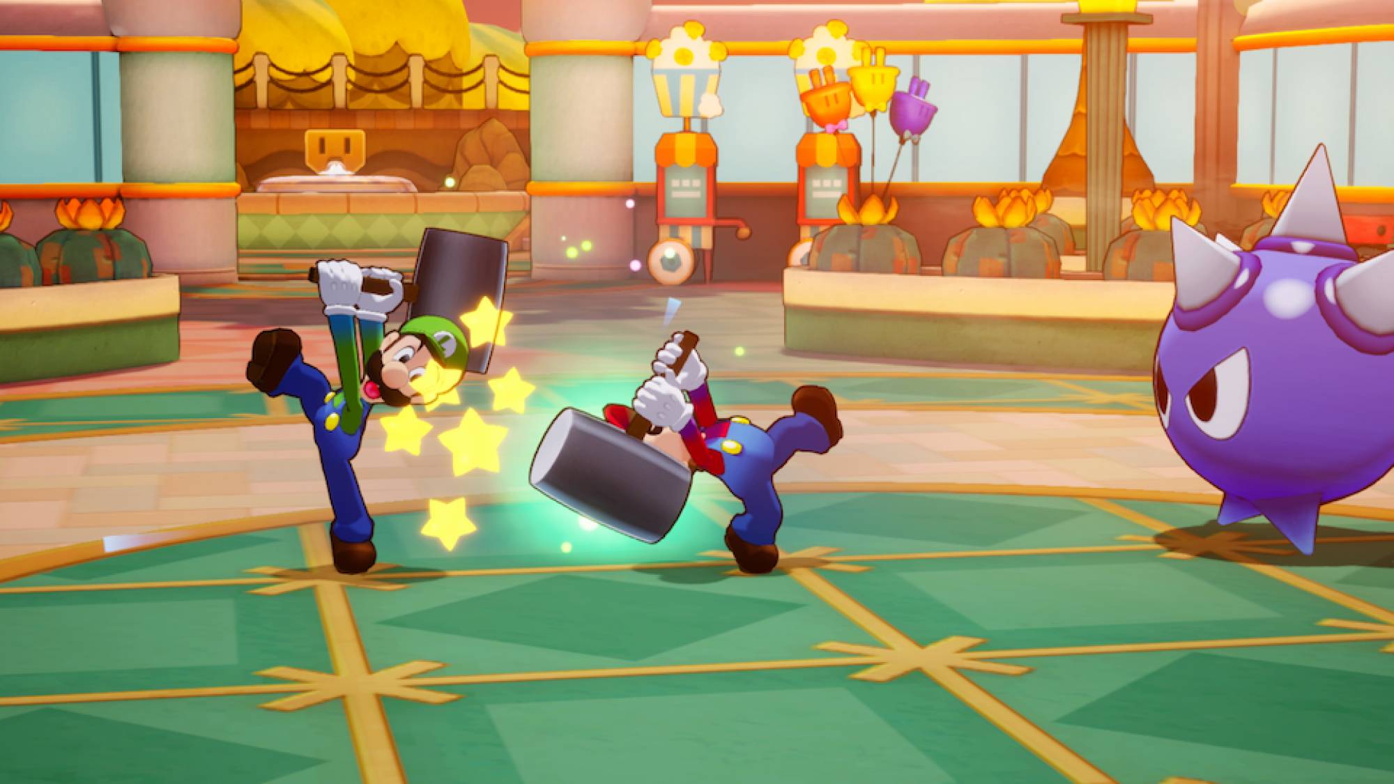 Mario and Luigi attacking an enemy with a hammer in Brothership