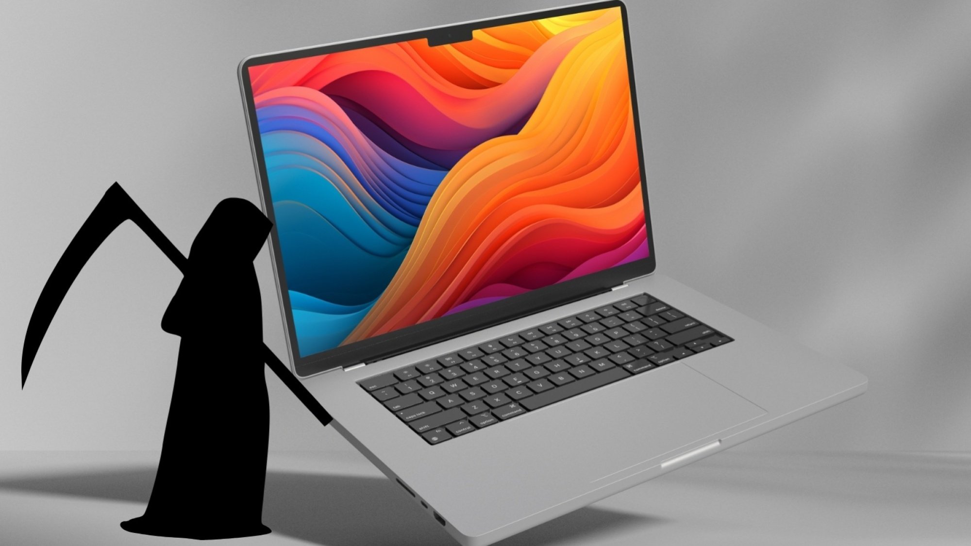 A grim reaper shadow superimposed on a picture of an M2 MacBook Pro