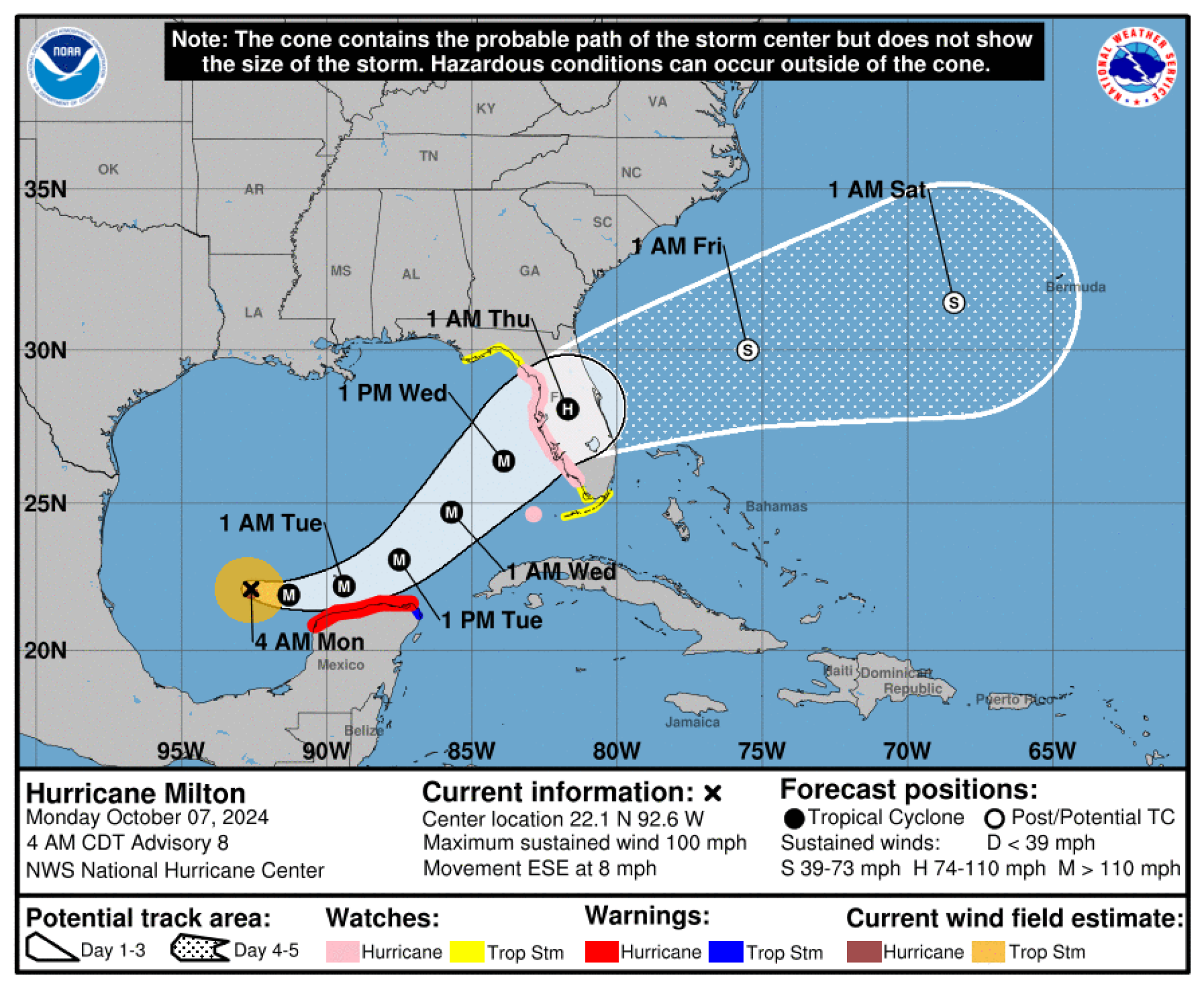 A graphic showing the path of Hurricane Milton, which shows a Florida landfall.