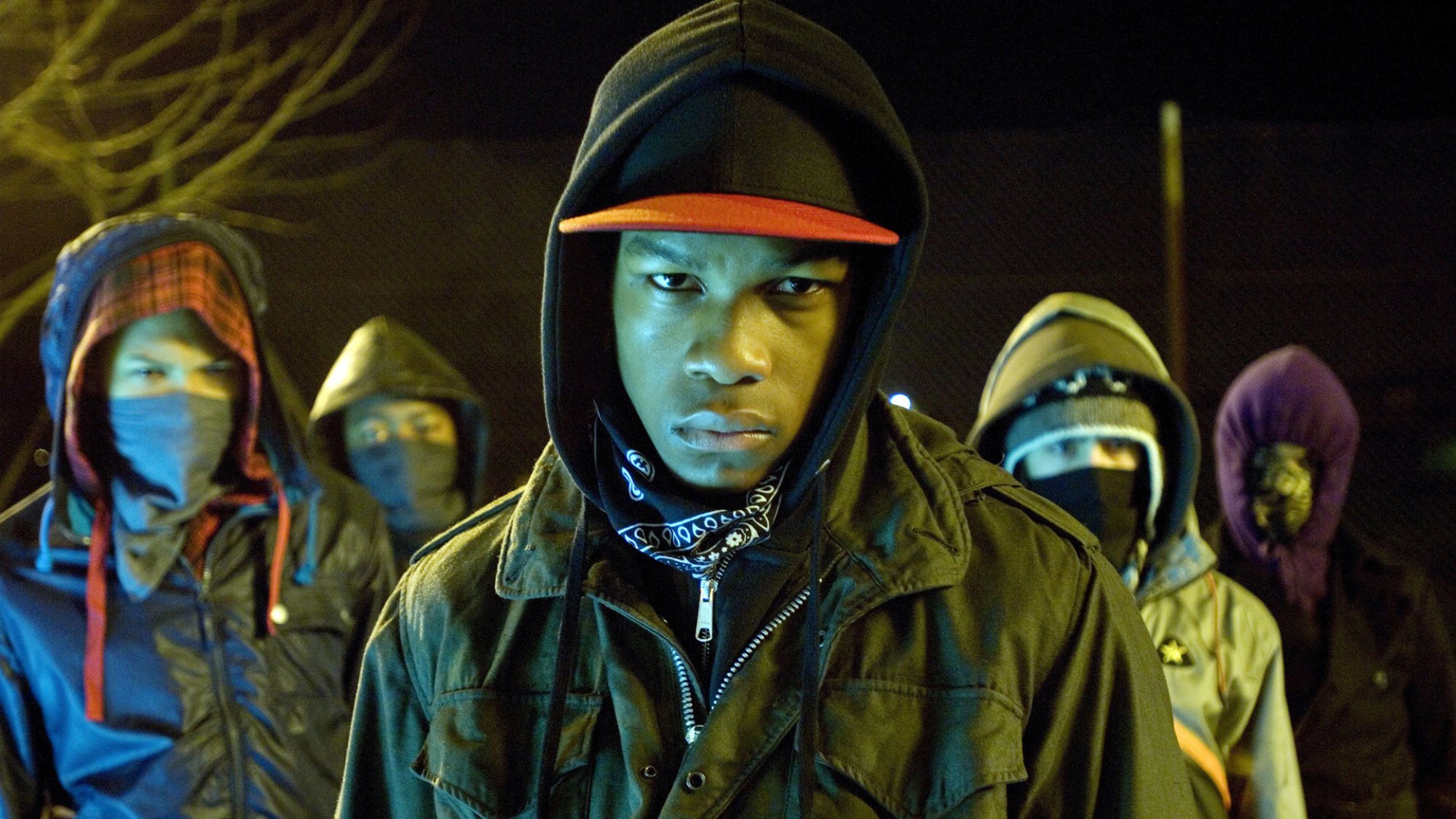 Franz Drameh, Leeon Jones, John Boyega, Alex Esmail, and Simon Howard in the movie "Attack the Block."