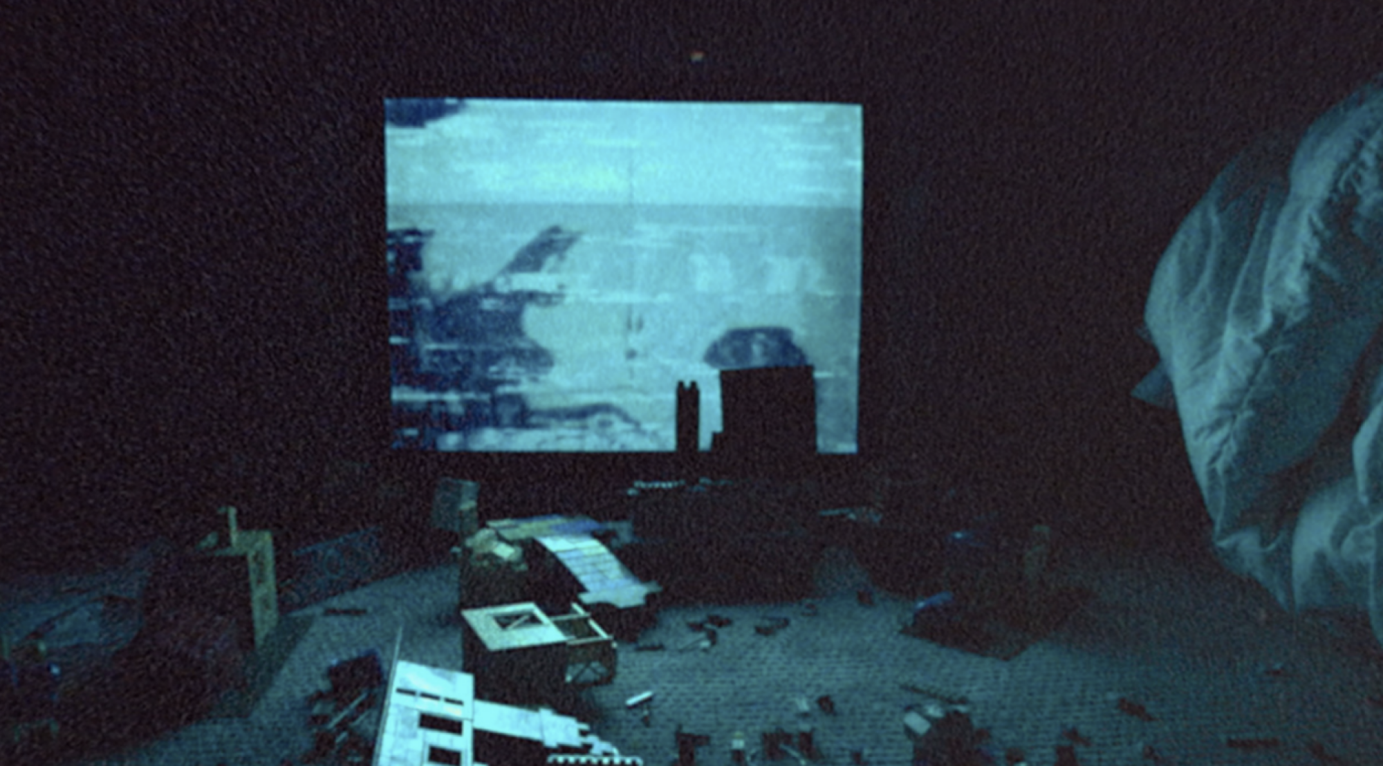 A blurry TV screen is visible in a dark room.