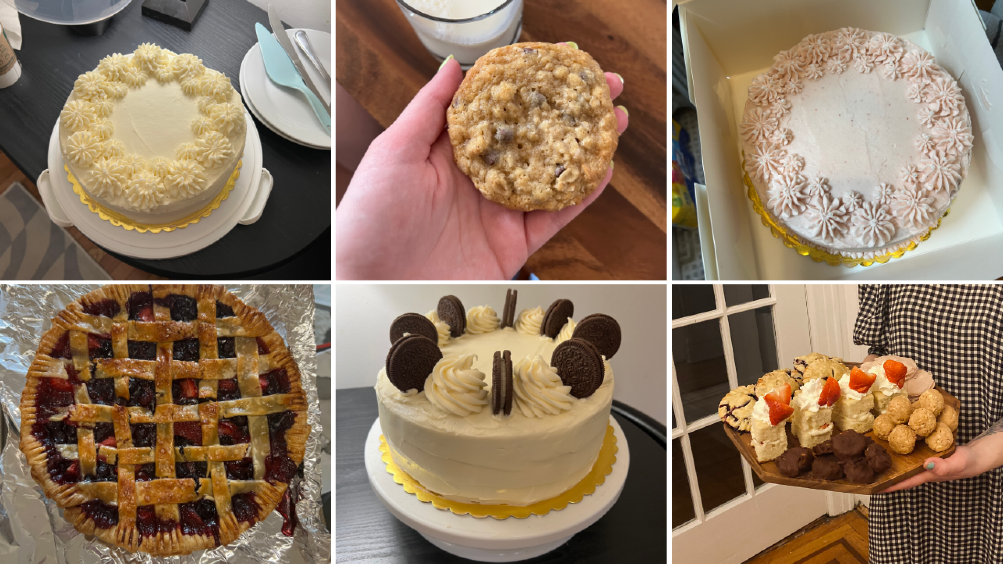 a collage of baked goods including cakes, pie, and cookies