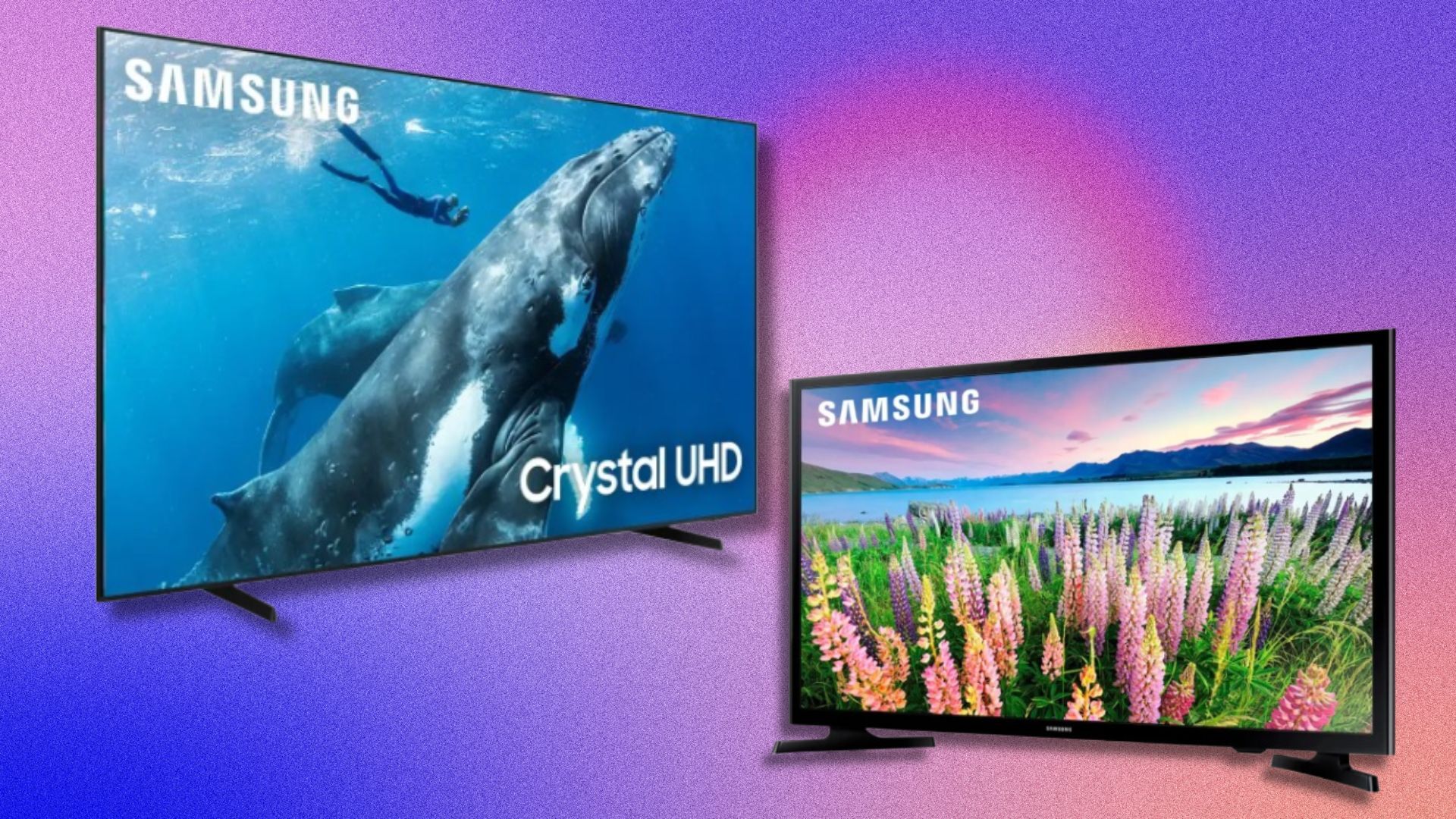 samsung 98-inch TV angled to face a samsung 40-inch tv against a purple and pink background