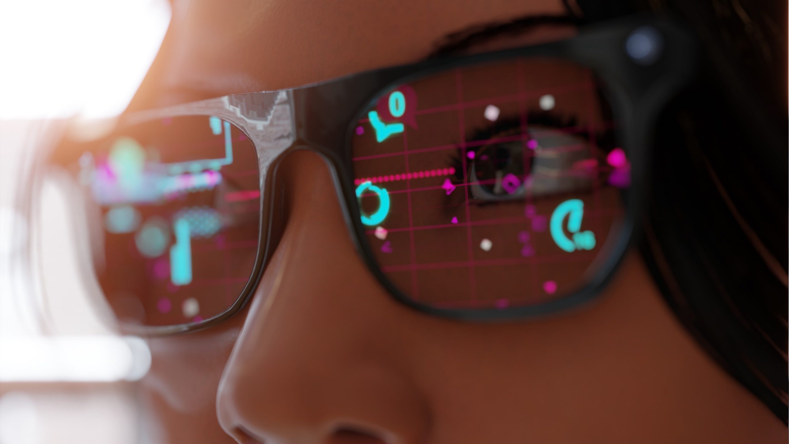 A close-up of smart glasses worn by a person.