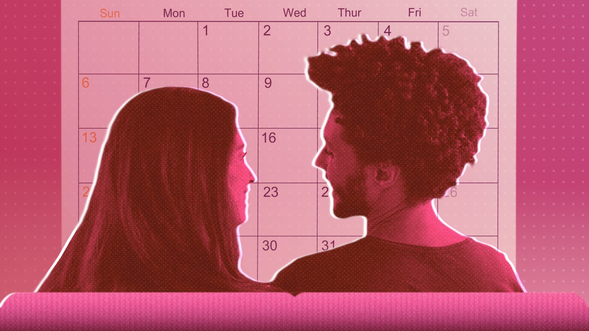 Couple looking at each other with calendar in the background