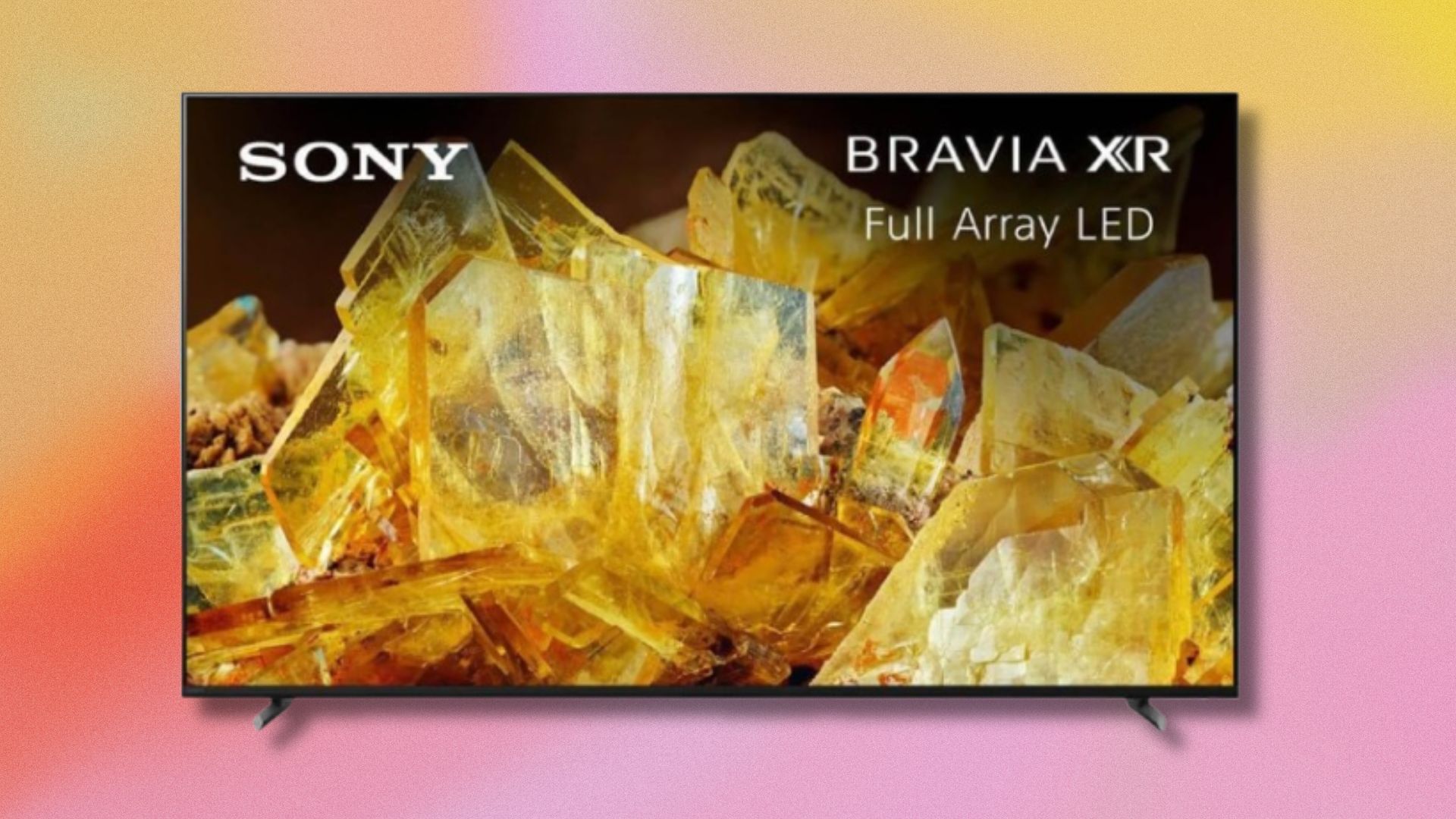 65-inch sony bravia xr 4k tv on a pink and yellow background