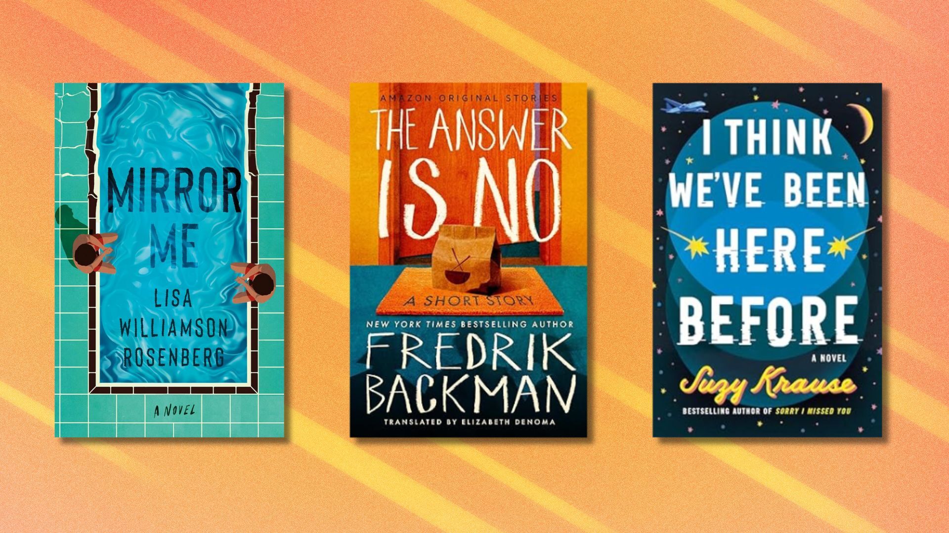 three book covers in a row on an orange background with white streaks running through it