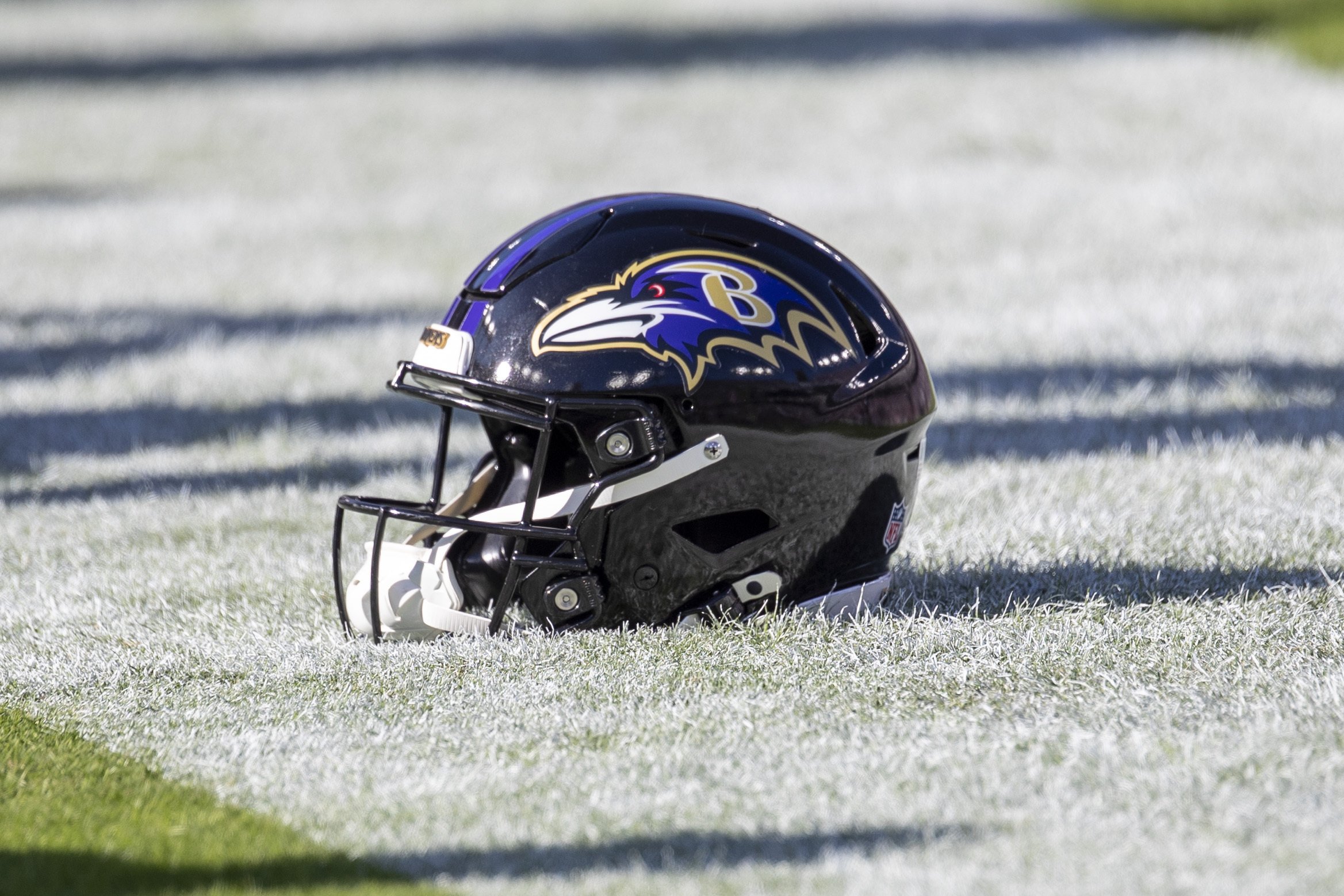 Baltimore Ravens helmet sits on the sideline