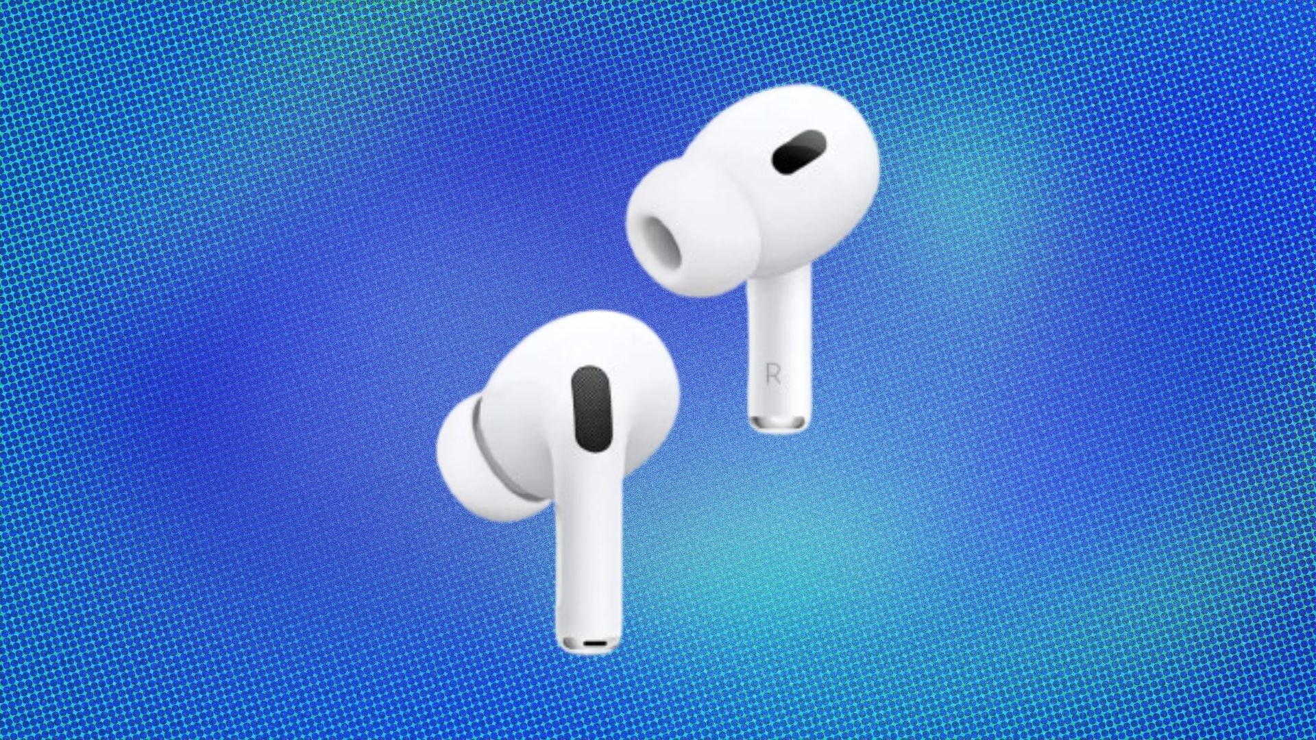 Two white Apple AirPods Pro 2 appear on a blue and white abstract image.