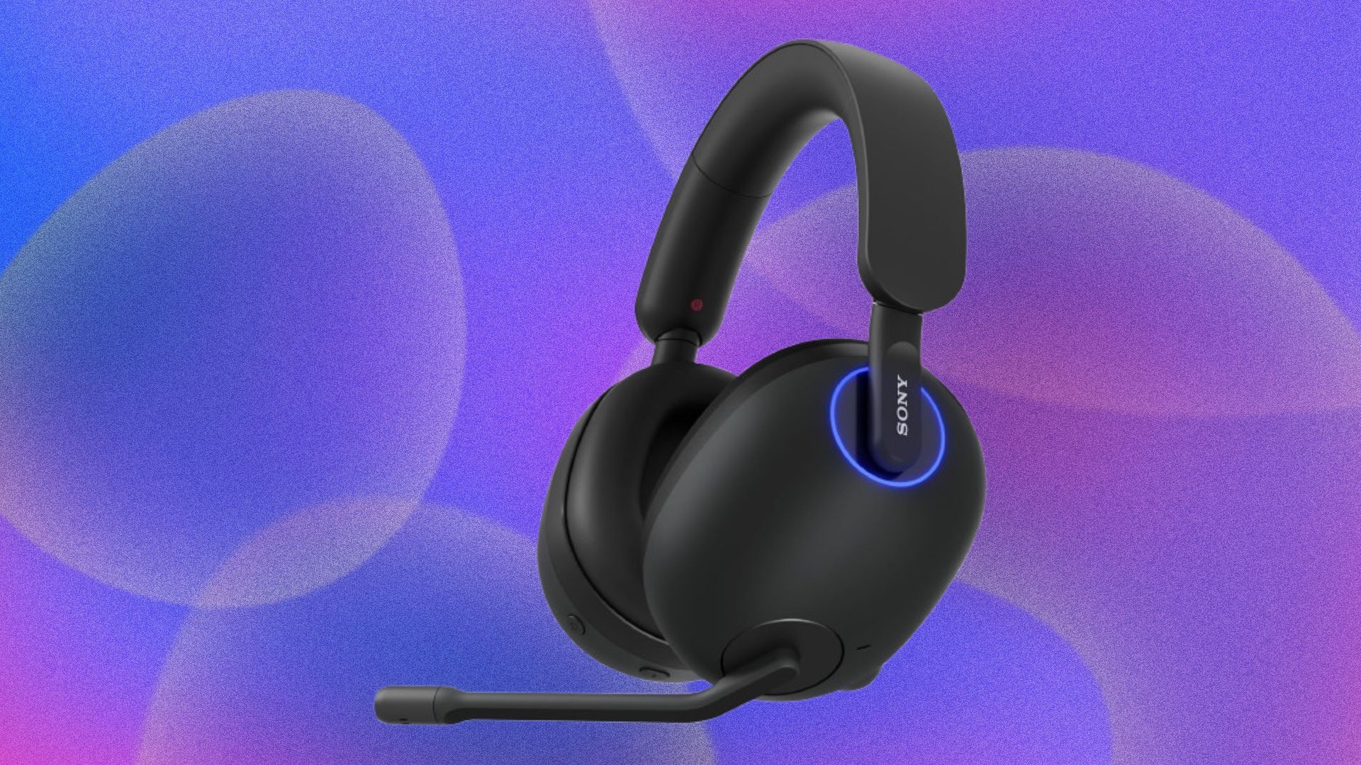 Black Sony INZONE H9 Wireless Gaming Headphones appear on a purple and multi-colored field.