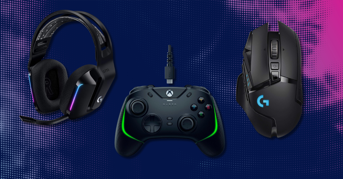 A gaming headset, controller, and mouse against a blue and purple background.