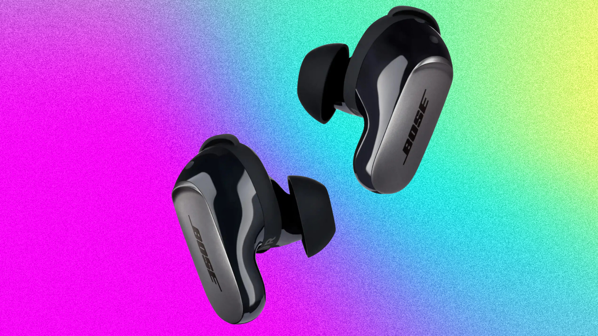 Bose QuietComfort Ultra Earbuds on a film grain purple, turquoise and green gradient background