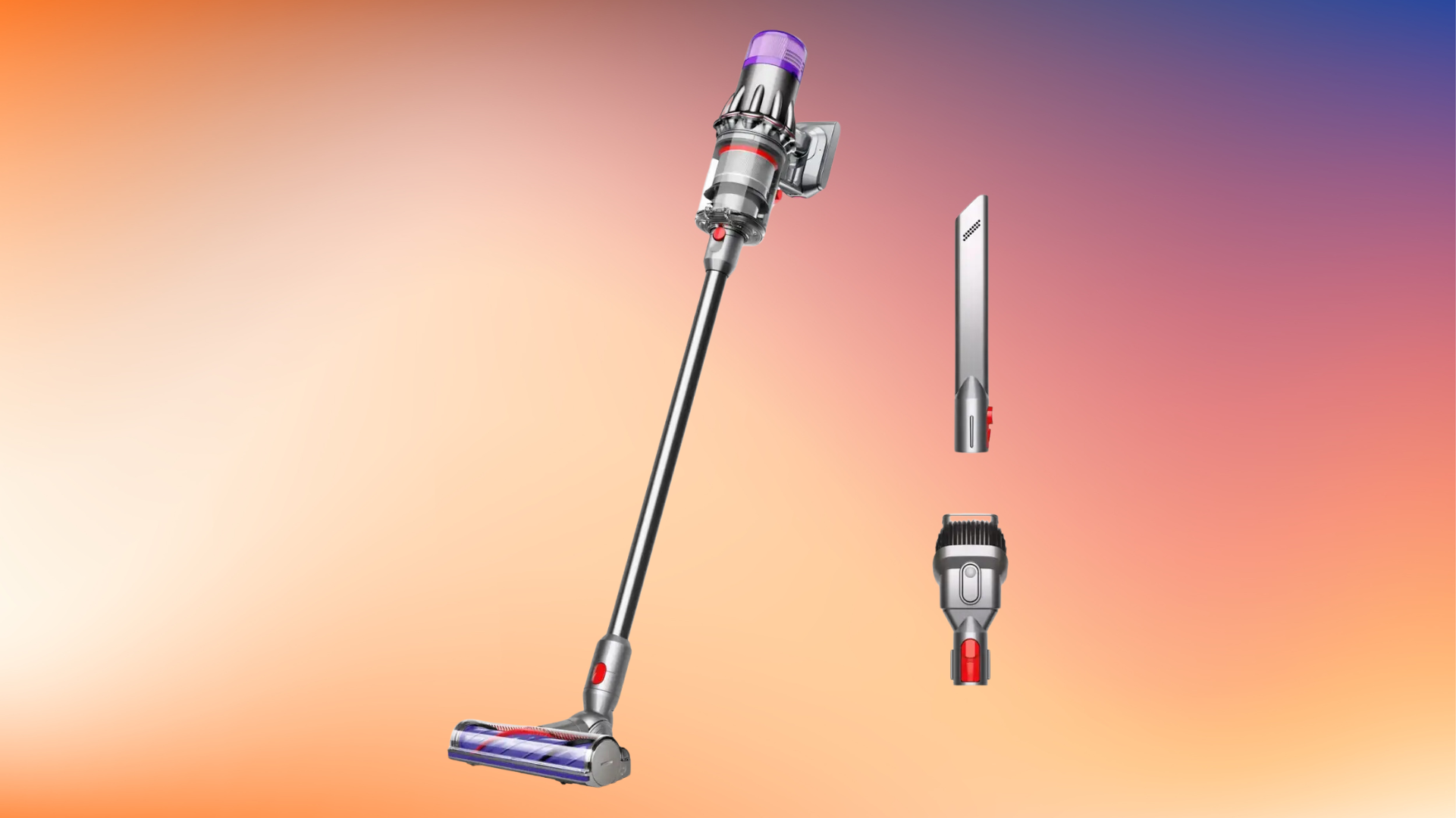 Dyson Digital Slim Cordless Vacuum on a pastel peach to purple background