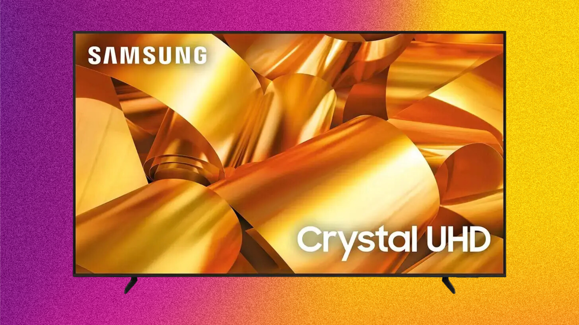 Samsung DU6950 4K Smart TV on a purple to yellow gradient background