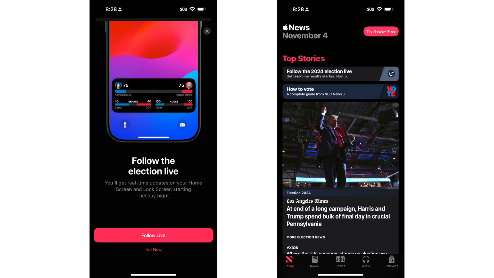 Two screenshots of Apple News, showing how to activate its U.S. Election Live Activities.