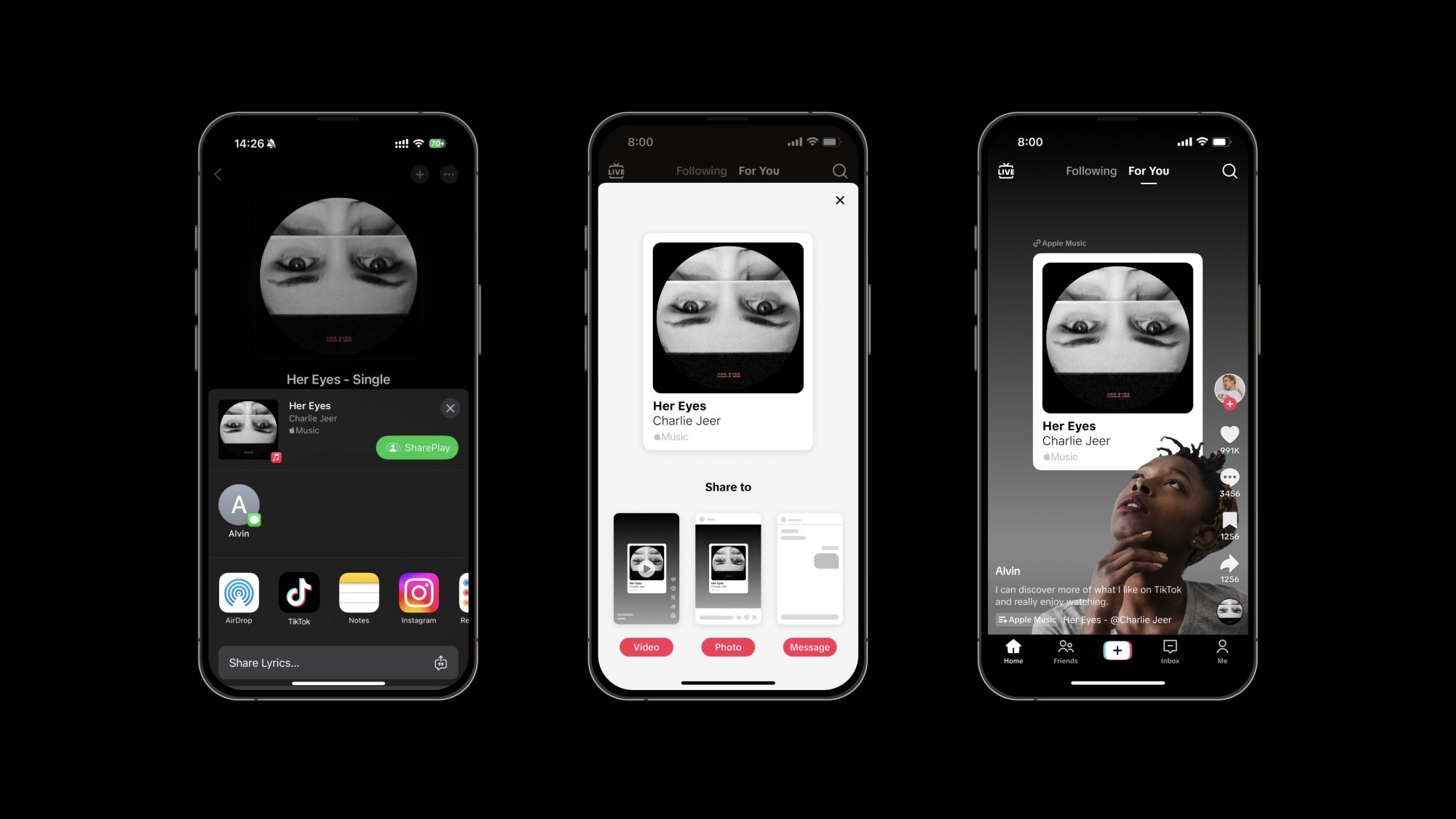 Three phones showing TikTok's "Share to TikTok" feature on Spotify.