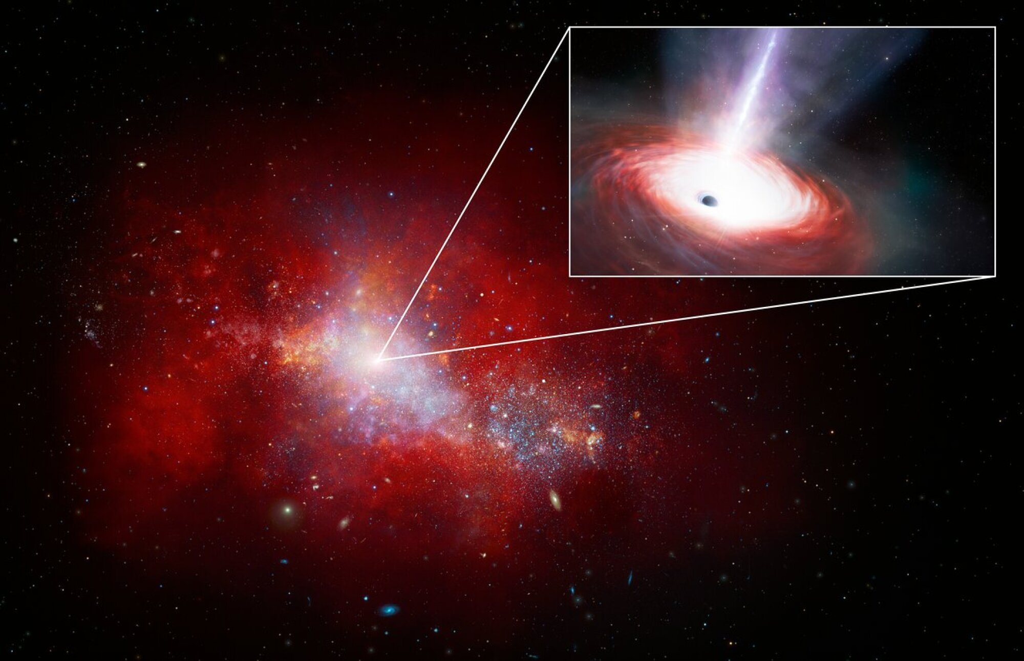 An artist's conception depicting the ravenously feeding black hole at the center of an early dwarf galaxy.